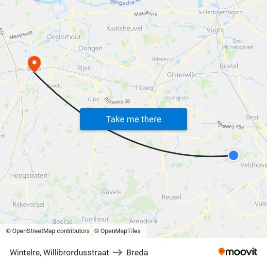 Wintelre, Willibrordusstraat to Breda map