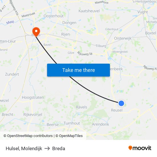 Hulsel, Molendijk to Breda map