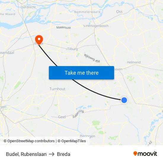 Budel, Rubenslaan to Breda map