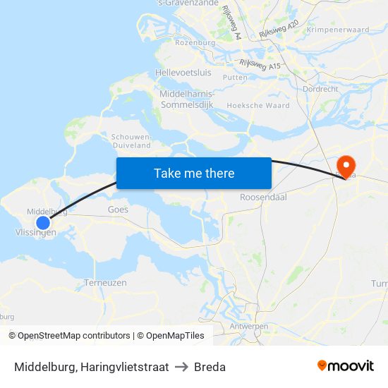 Middelburg, Haringvlietstraat to Breda map