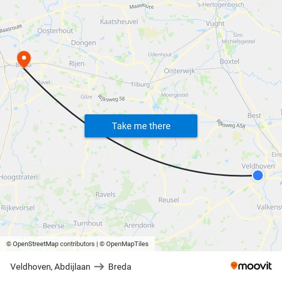 Veldhoven, Abdijlaan to Breda map