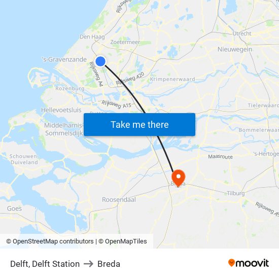 Delft, Delft Station to Breda map