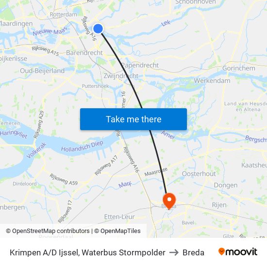 Krimpen A/D Ijssel, Waterbus Stormpolder to Breda map