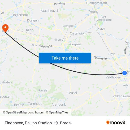 Eindhoven, Philips-Stadion to Breda map