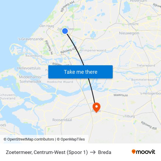 Zoetermeer, Centrum-West (Spoor 1) to Breda map