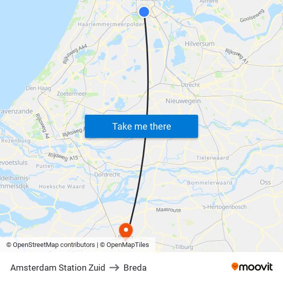 Amsterdam Station Zuid to Breda map