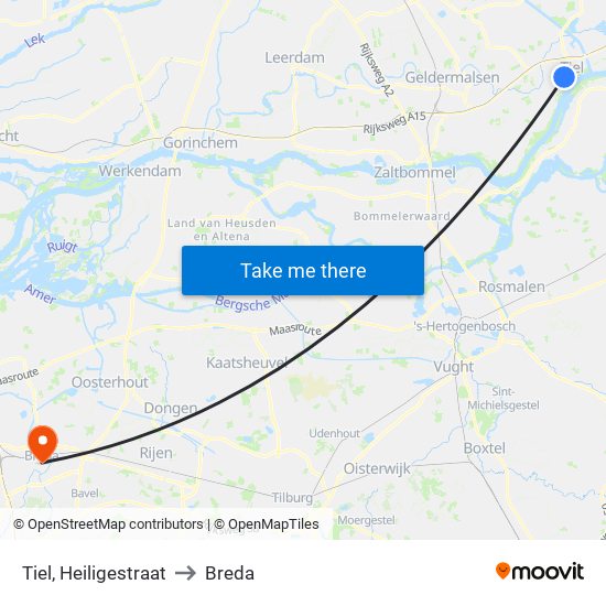 Tiel, Heiligestraat to Breda map