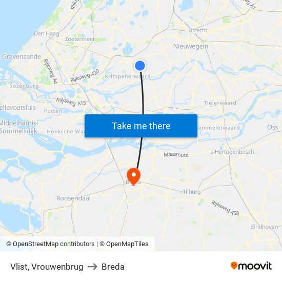 Vlist, Vrouwenbrug to Breda map