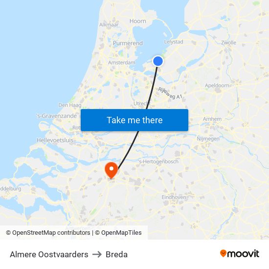 Almere Oostvaarders to Breda map