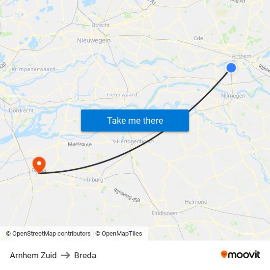 Arnhem Zuid to Breda map