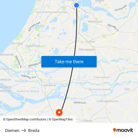 Diemen to Breda map