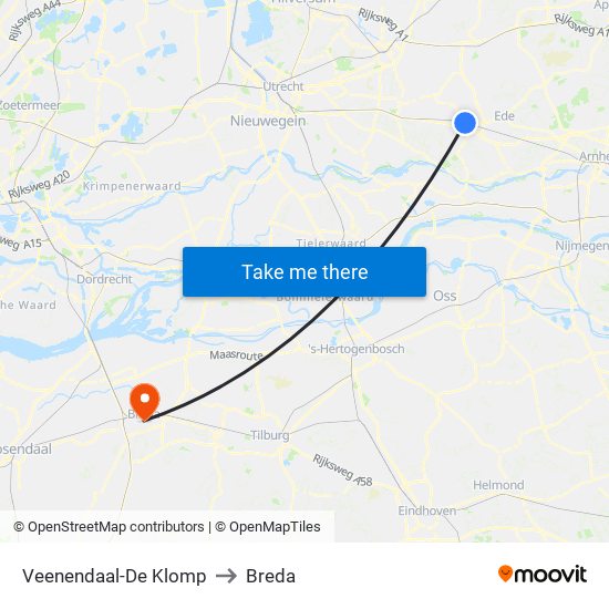 Veenendaal-De Klomp to Breda map