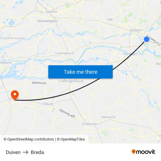 Duiven to Breda map
