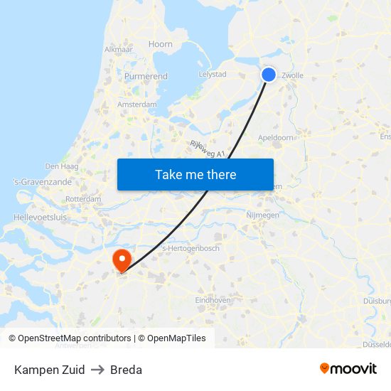 Kampen Zuid to Breda map