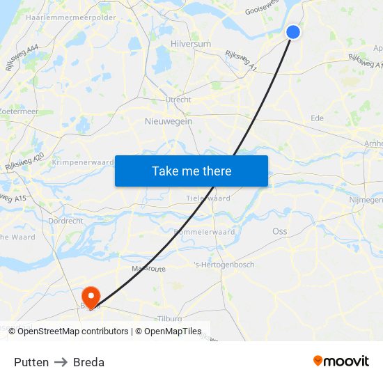 Putten to Breda map