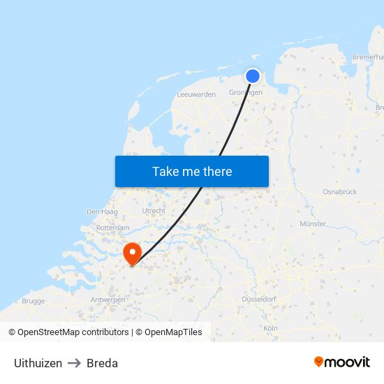 Uithuizen to Breda map