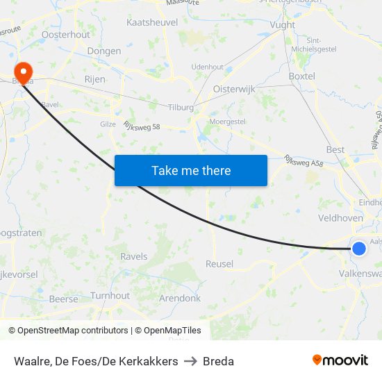 Waalre, De Foes/De Kerkakkers to Breda map