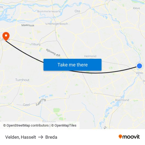 Velden, Hasselt to Breda map