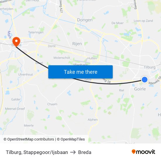 Tilburg, Stappegoor/Ijsbaan to Breda map