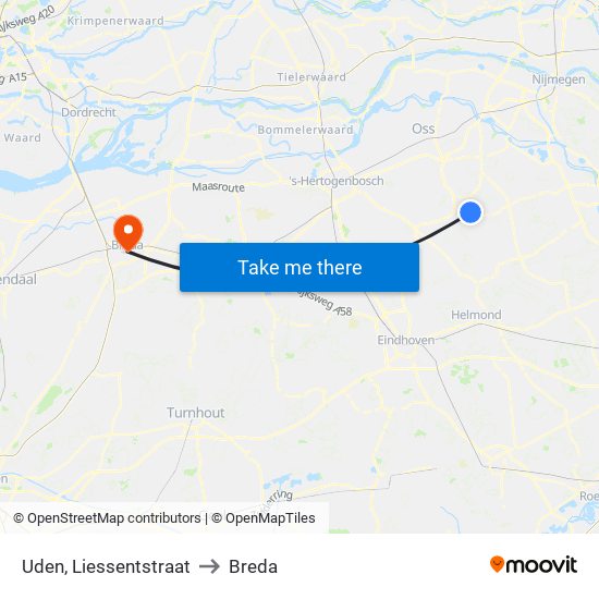 Uden, Liessentstraat to Breda map