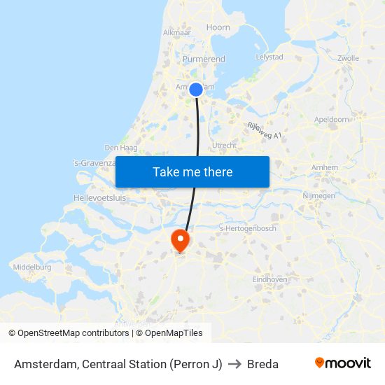 Amsterdam, Centraal Station (Perron J) to Breda map
