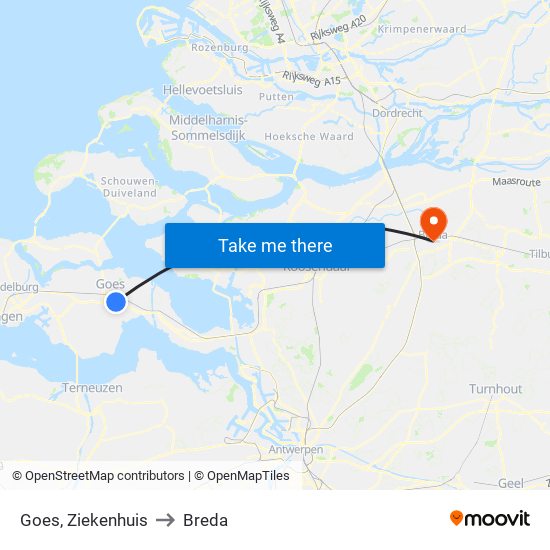 Goes, Ziekenhuis to Breda map