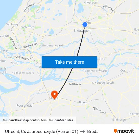 Utrecht, Cs Jaarbeurszijde (Perron C1) to Breda map