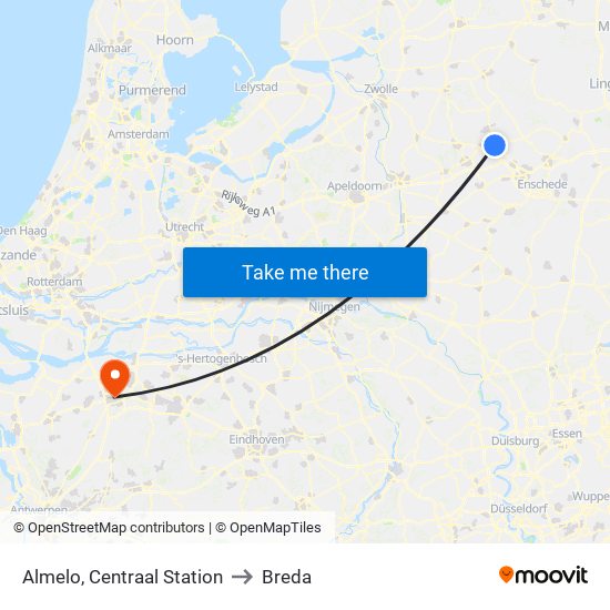 Almelo, Centraal Station to Breda map
