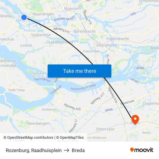 Rozenburg, Raadhuisplein to Breda map