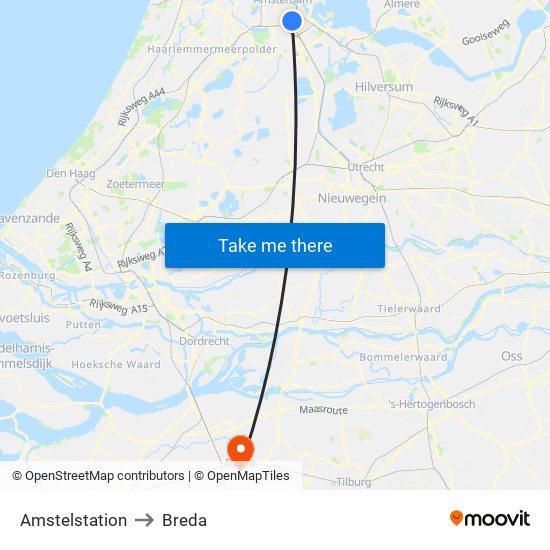 Amstelstation to Breda map