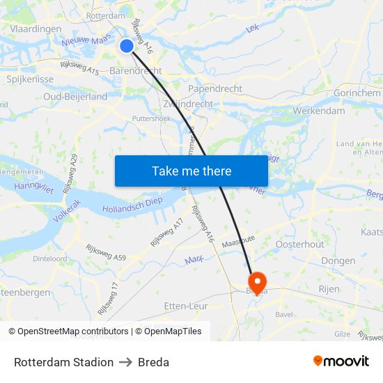 Rotterdam Stadion to Breda map