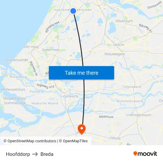 Hoofddorp to Breda map