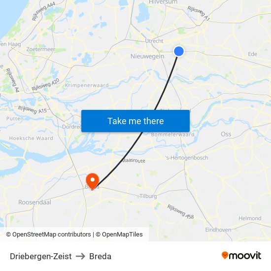Driebergen-Zeist to Breda map