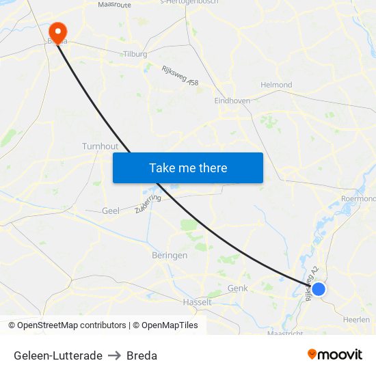 Geleen-Lutterade to Breda map