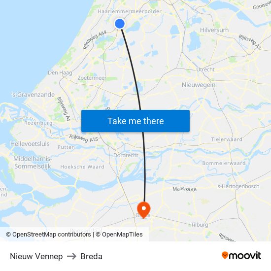 Nieuw Vennep to Breda map