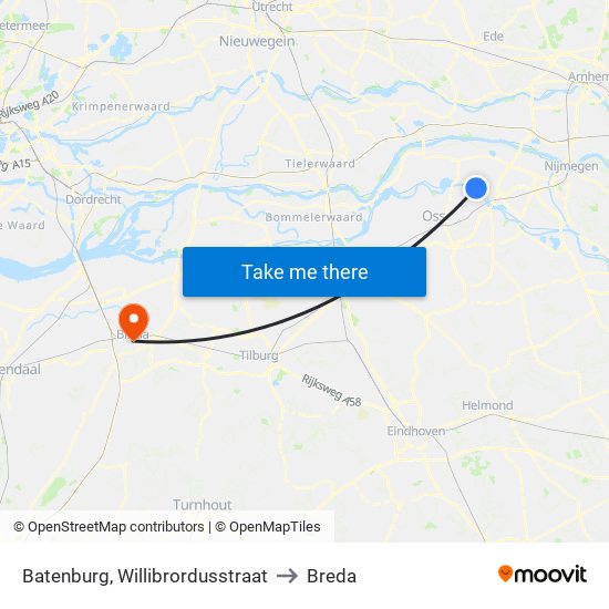Batenburg, Willibrordusstraat to Breda map
