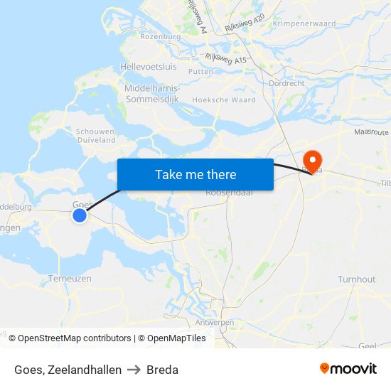 Goes, Zeelandhallen to Breda map