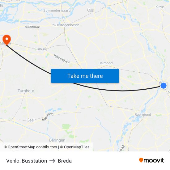 Venlo, Busstation to Breda map