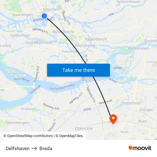 Delfshaven to Breda map