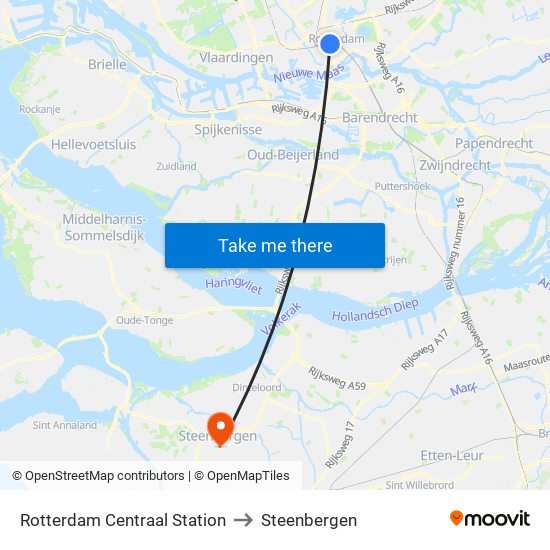 Rotterdam Centraal Station to Steenbergen map