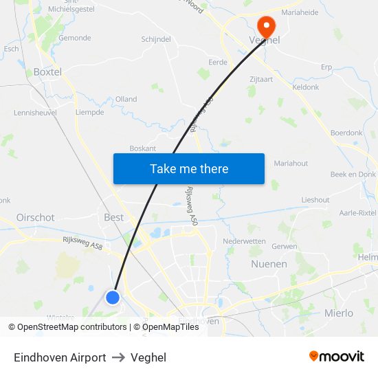 Eindhoven Airport to Veghel map
