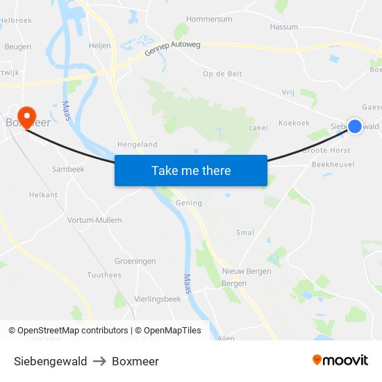 Siebengewald to Boxmeer map