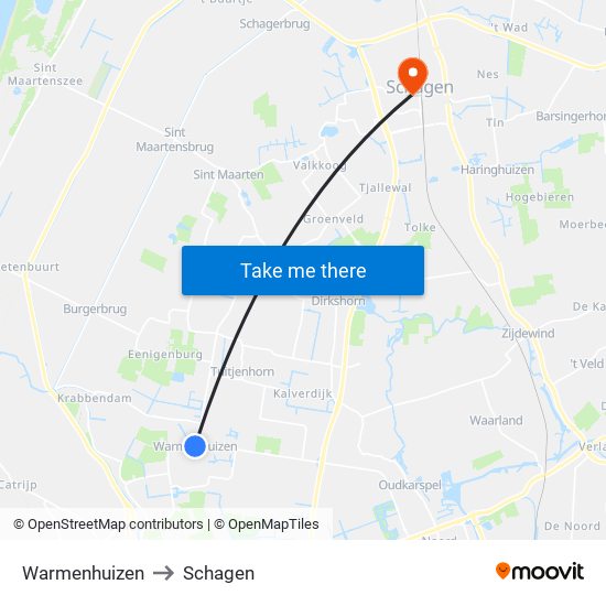 Warmenhuizen to Schagen map