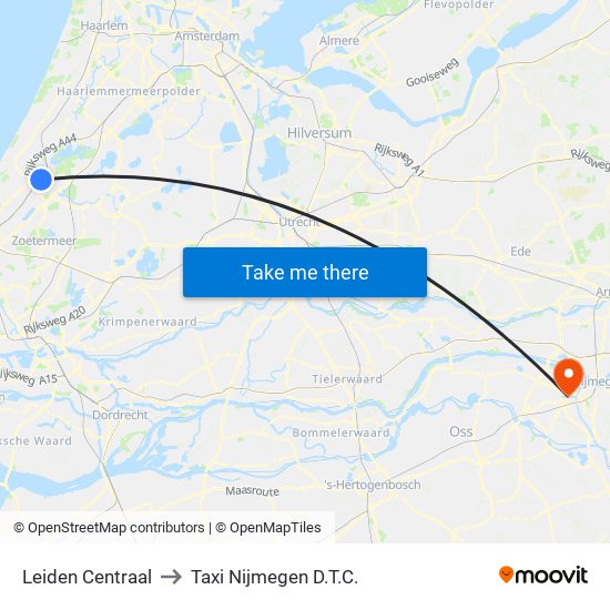 Leiden Centraal to Taxi Nijmegen D.T.C. map