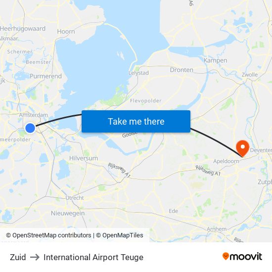 Zuid to International Airport Teuge map