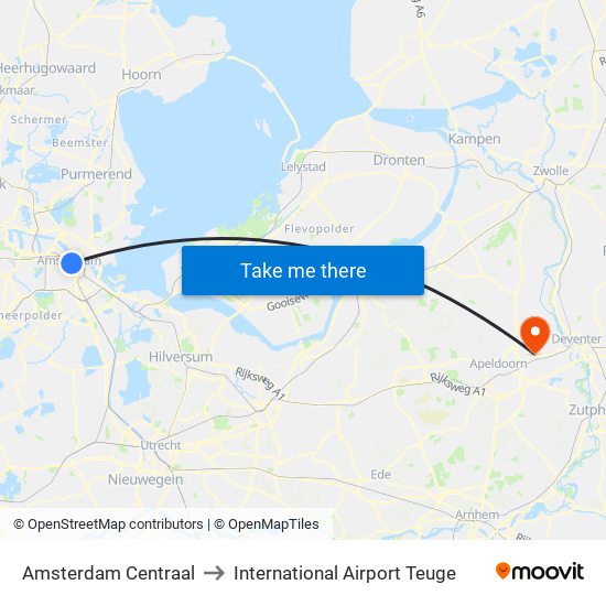 Amsterdam Centraal to International Airport Teuge map