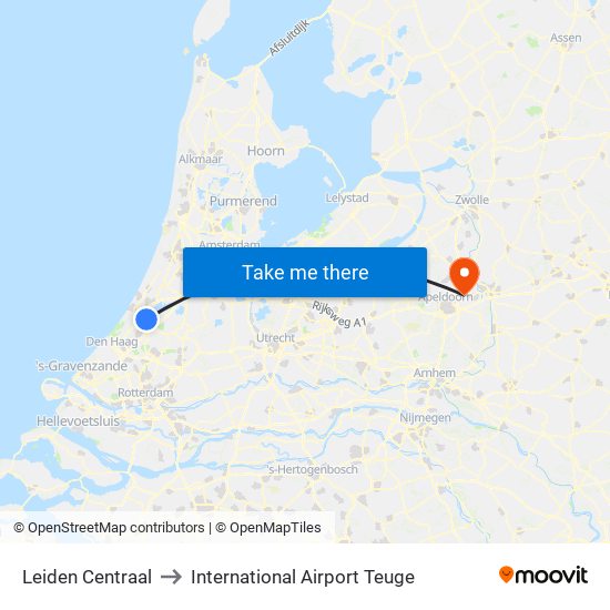 Leiden Centraal to International Airport Teuge map