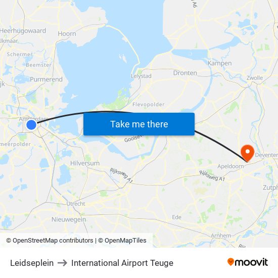 Leidseplein to International Airport Teuge map