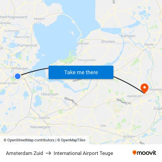 Amsterdam Zuid to International Airport Teuge map