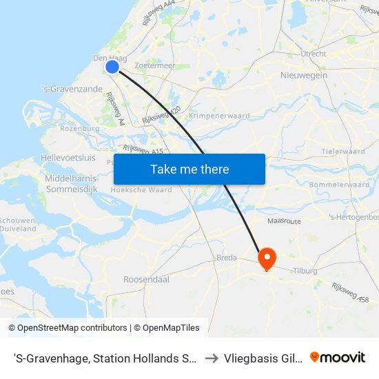 'S-Gravenhage, Station Hollands Spoor (Perron A) to Vliegbasis Gilze-Rijen map